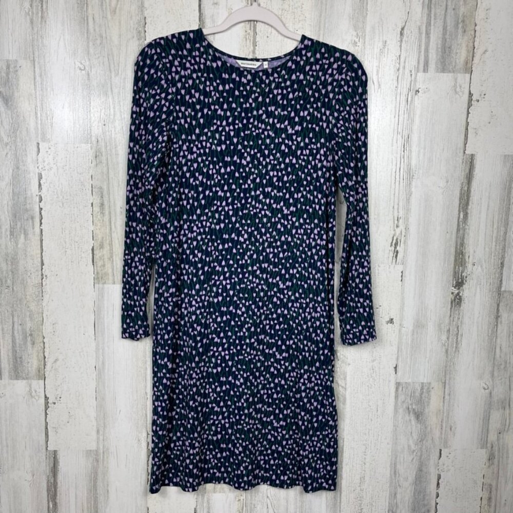 Marimekko Huokaus Tahtiniitty tulip print dress size XS jersey knit dark blue